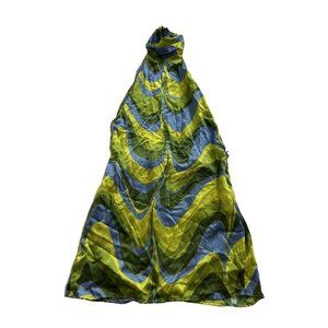 AMOR MIA Swirl Wavey Satin Dress in Green Blue